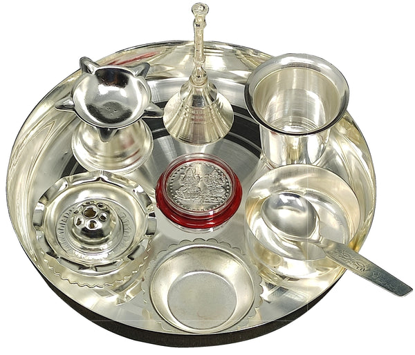 BENGALEN Silver Plated Pooja thali Set 7 Inch Plate Bowl Dhup Dan Diya Ghanti Glass Bowl Spoon Ganesh Lakshmi Desihn Coin Puja Thali for Diwali, Home, Temple, Office, Wedding Gift Items