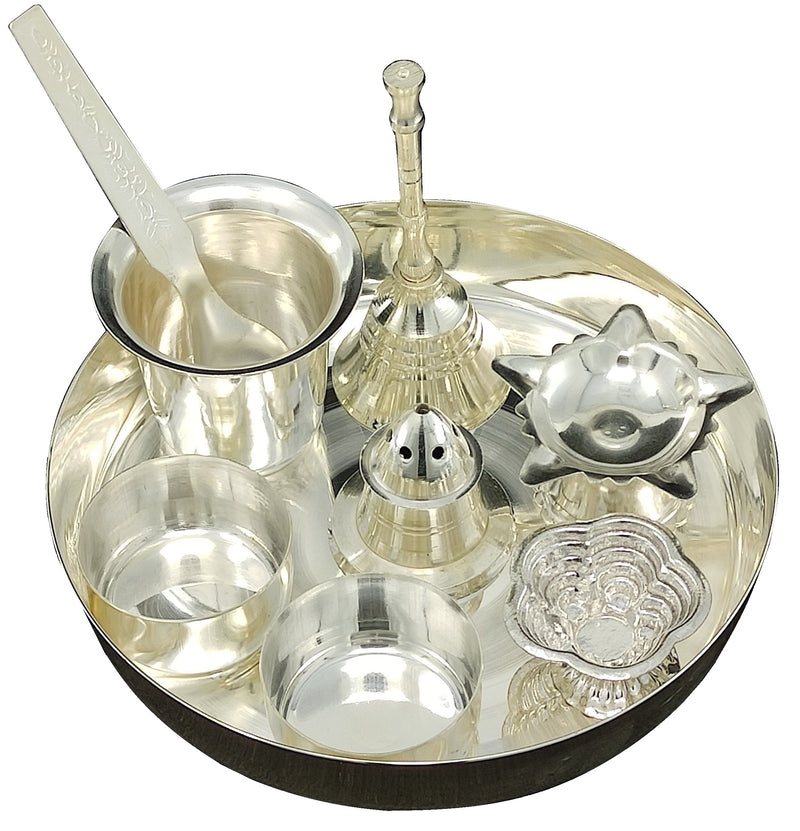 BENGALEN Silver Plated Pooja Thali Set 5 Inch Daily Puja Decorative for Home Office Wedding Return Gift Items