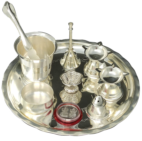 BENGALEN Silver Plated Pooja thali Set 8 Inch Plate Coin Glass Bowl Spoon Ghanti Diya Agarbatti Stand Puja Thali Decorative for Diwali Daily Home Mandir Office Wedding Return Gift Items