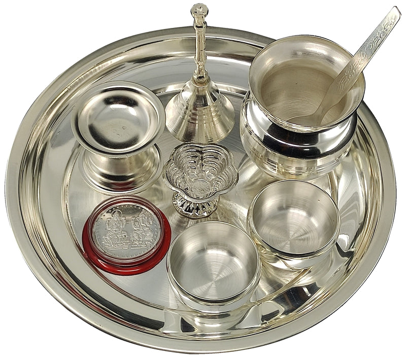 Bengalen Silver Plated Pooja Thali Set 7 Inch with Coin and Accessories Puja Decorative for Home Mandir Office Wedding Return Gift Items