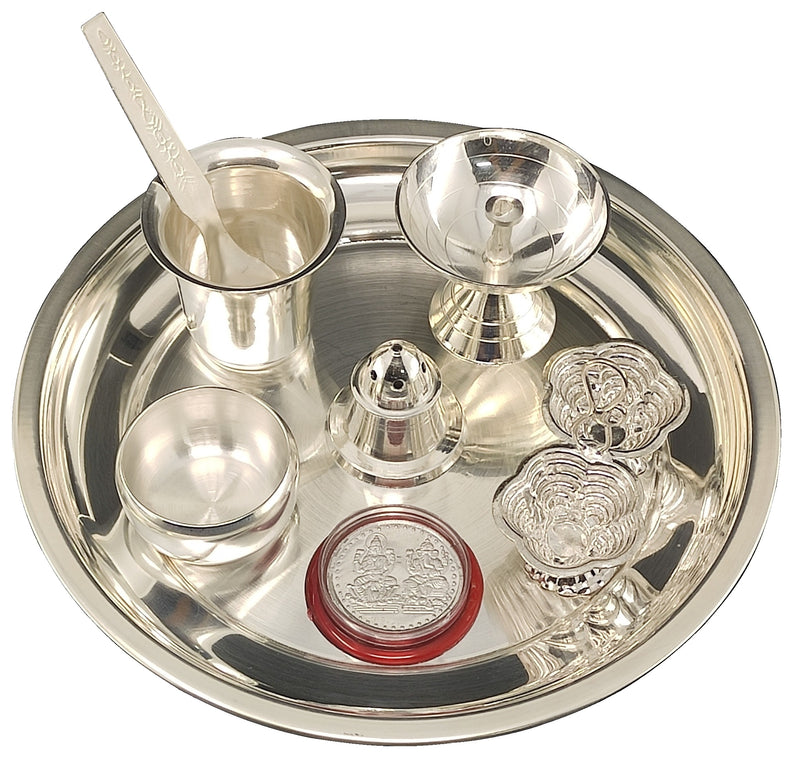 Bengalen Silver Plated Pooja Thali Set 7 Inch with Coin, Diya and Accessories Puja Decorative Items for Home Mandir Office Wedding Return Gift