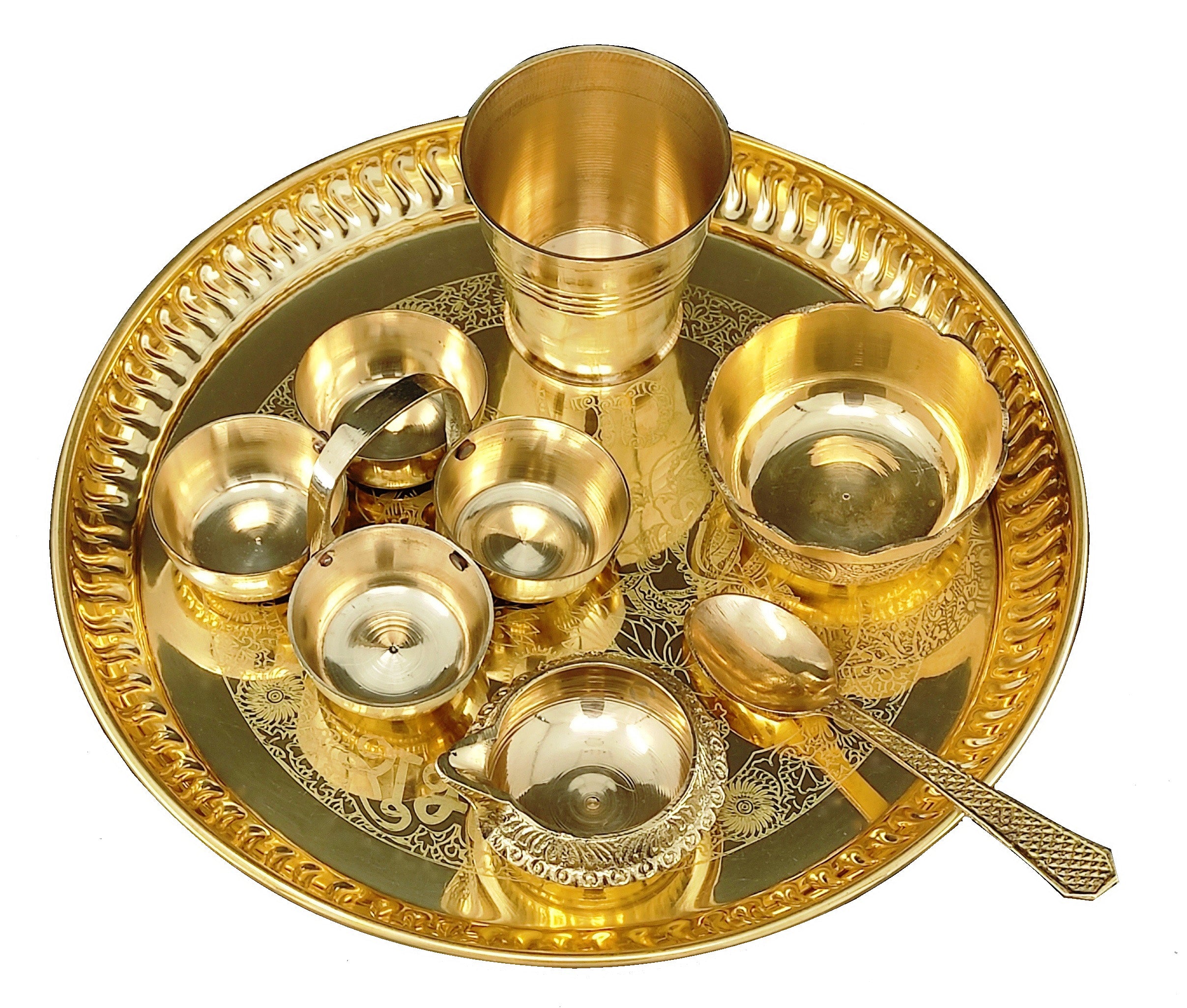 Bengalen Brass Pooja thali Set 8 Inch with Pital Plate Glash Spoon Diya Bowl Dhup Dan Haldi Kumkum Holder Puja Arti Thali for Diwali Home Mandir Office Wedding Return Gift Items