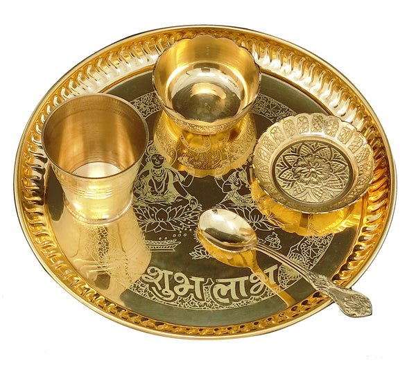 Bengalen Brass Ganesh Lakshmi Bhog thali Pooja Set 8 Inch with Pital Plate Glash Spoon Prasad Bowls Puja Thali for Diwali Home Mandir Office Wedding Return Gift Items