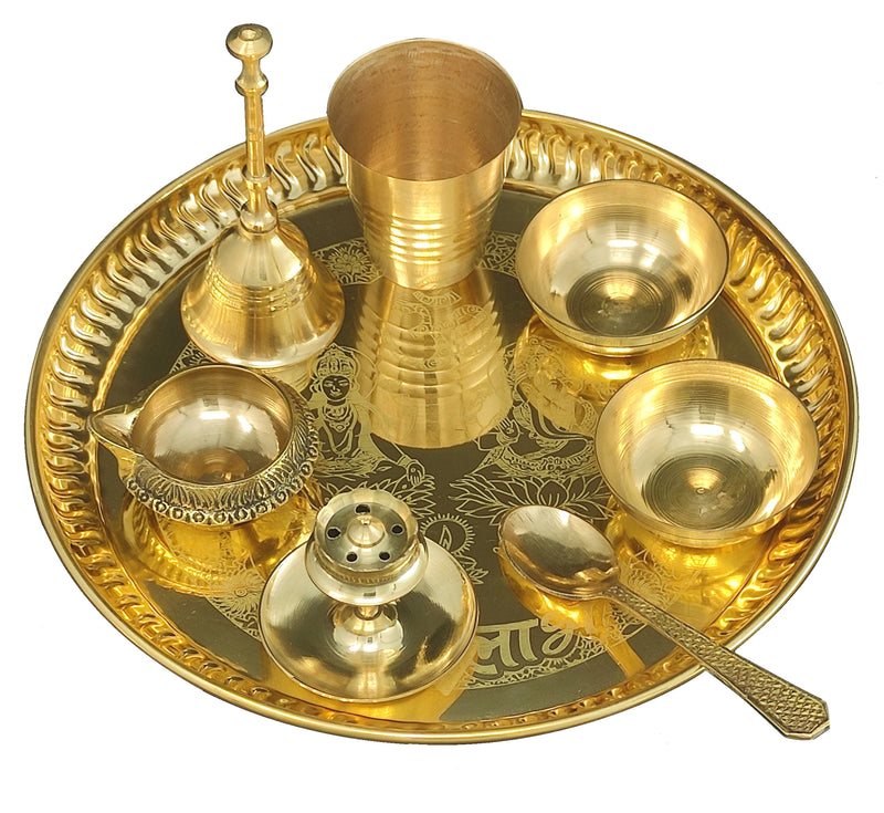 Bengalen Brass Pooja thali Set 8 Inch with Pital Plate Glass Spoon Ghanti Bowl Agarbatti Stand Kuber Diya Puja Thali for Diwali Home Mandir Office Wedding Return Gift Items