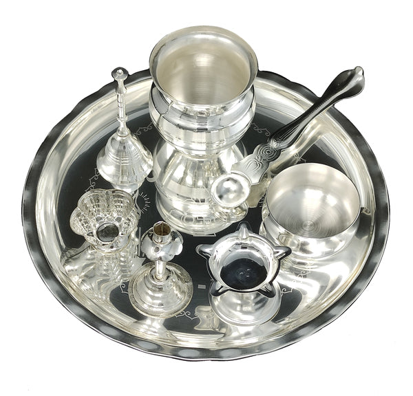 Bengalen Silver Plated Pooja thali Set 08 Inch Festival Ethnic Puja Thali Items for Home, Office, Mandir, Weeding Gift
