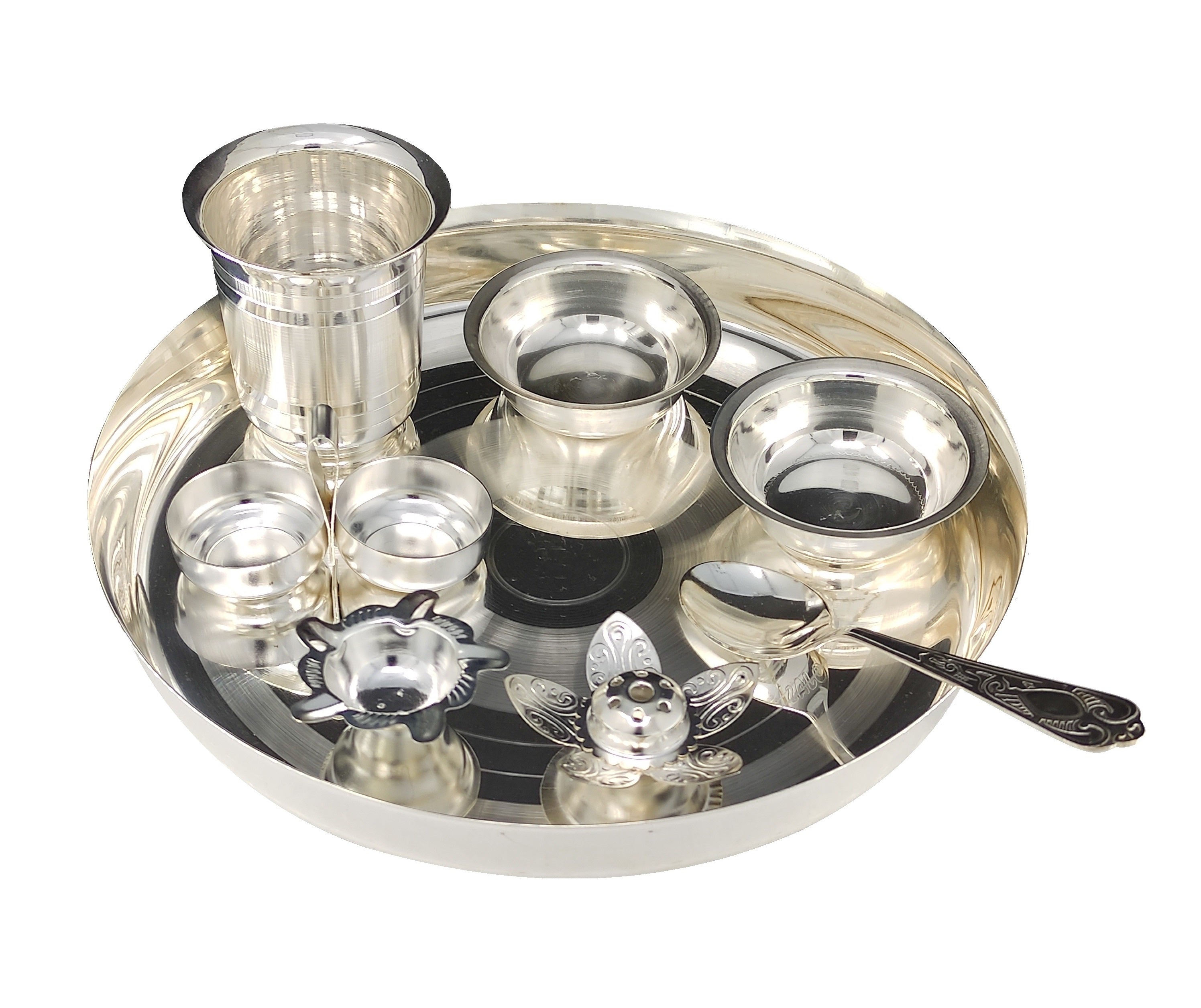 Bengalen Silver Plated Pooja thali Set 10 Inch with Plate Glass Spoon Diya Kumkum Holder Bowl Dhup Dan Puja Thali for Diwali Home Mandir Office Wedding Return Gift Items