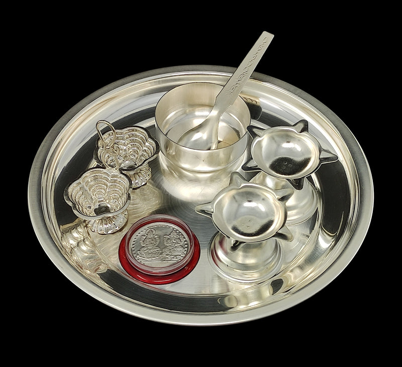 Bengalen Silver Plated Pooja Thali Set 07 Inch with Coin and Accessories Puja Decorative Gift Items for Home Mandir Office Wedding Return