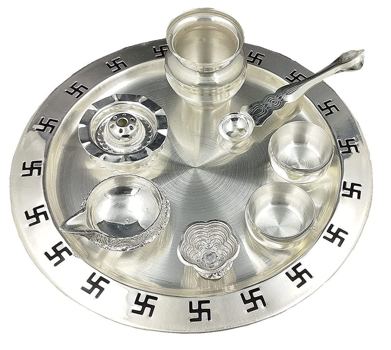 Bengalen Silver Plated Swastik Design Puja Thali Set Festival Ethnic Pooja Items for Home Temple Office Wedding Return Gift Items