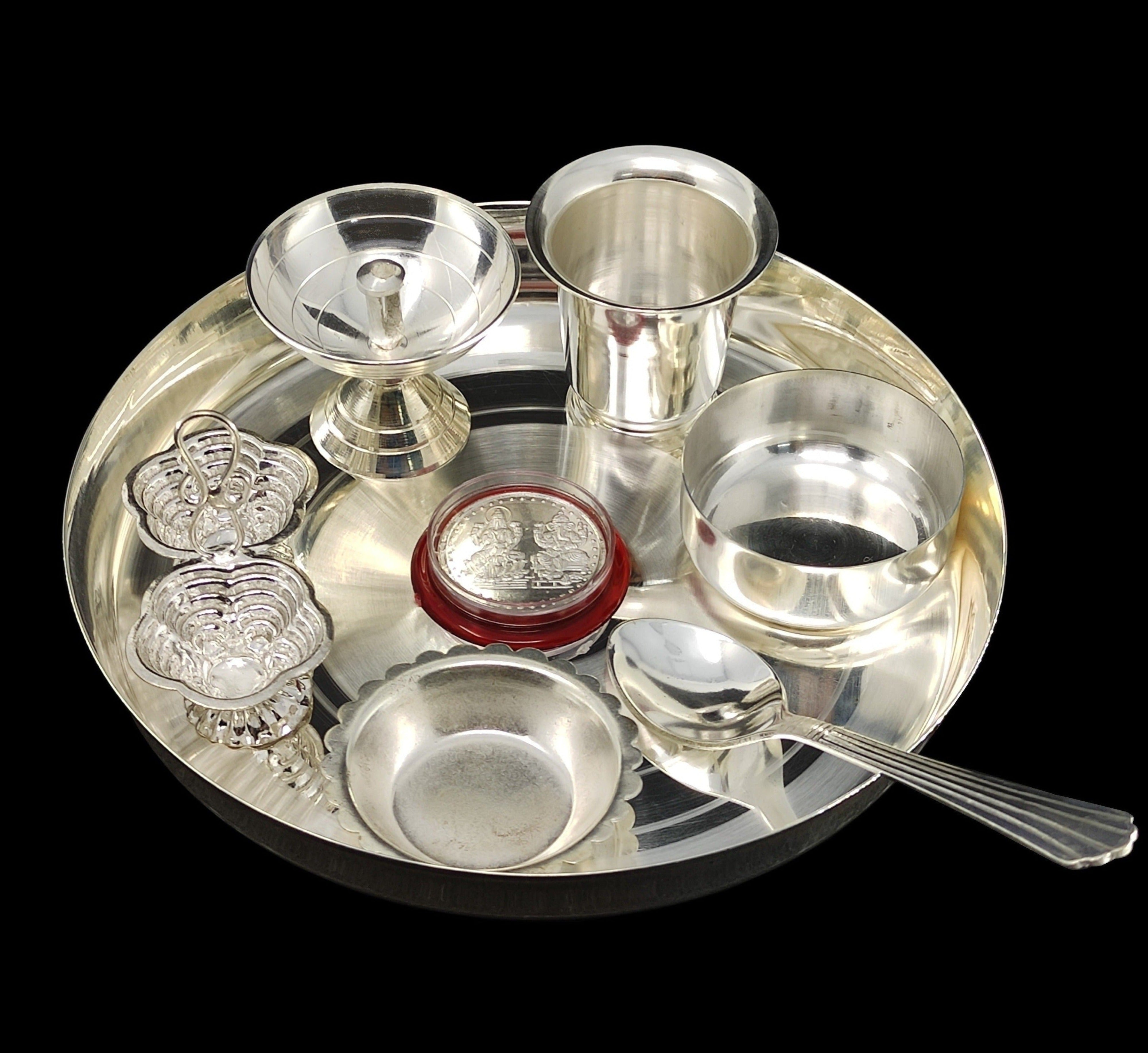 BENGALEN Silver Plated Pooja thali Set 7 Inch Plate Bowl Kumkum Holder Pyiali Diya Glass Bowl Spoon Ganesh Lakshmi Coin Puja Thali for Diwali, Home, Office, Temple, Wedding Return Gift Items