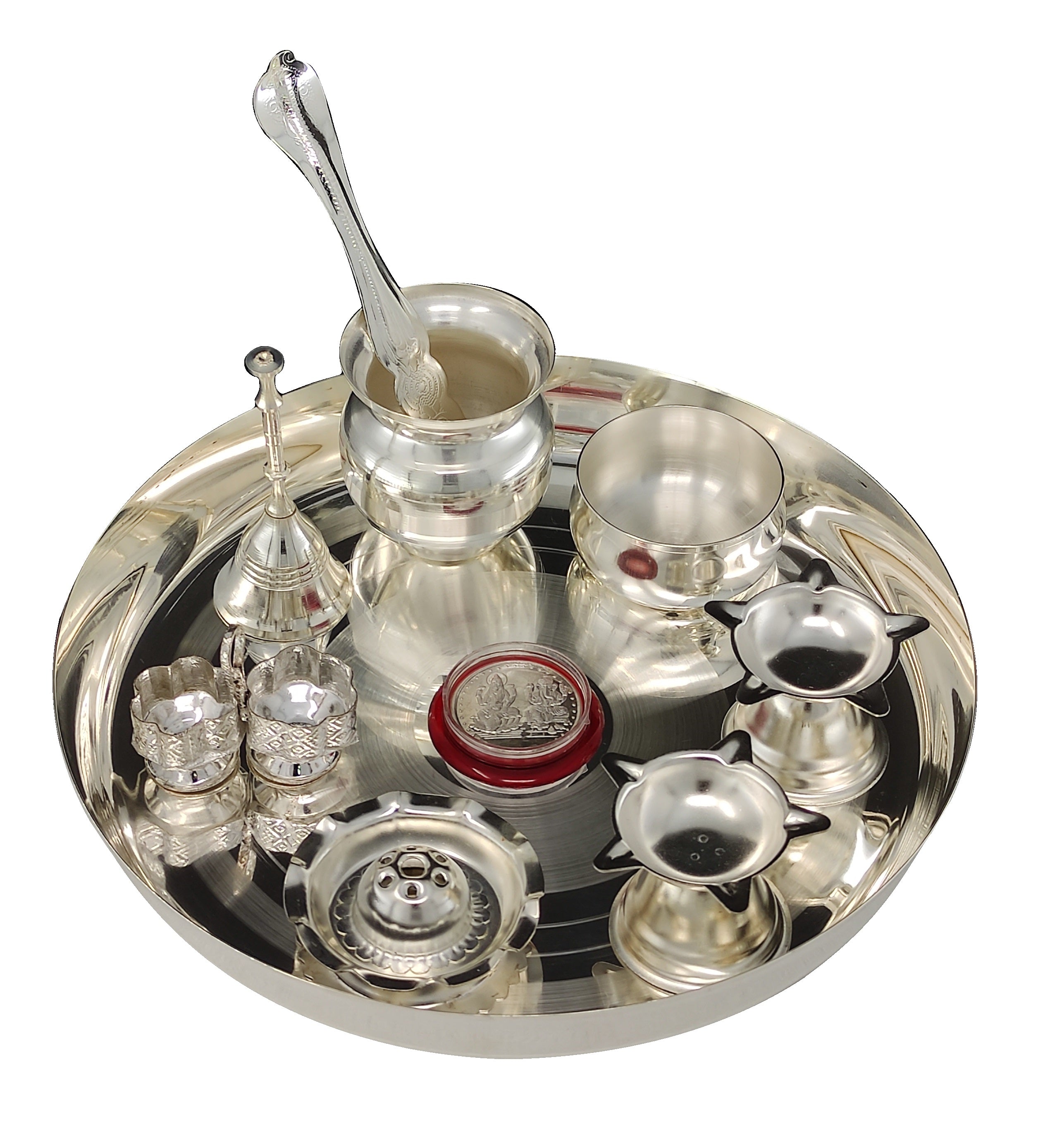 Bengalen Silver Plated Pooja thali Set 8 Inch with Plate Agarbatti Stand Bowl Palli Kalash Diya Kumkum Holder Coin Puja Thali for Home Mandir Office Wedding Return Diwali Gift Items