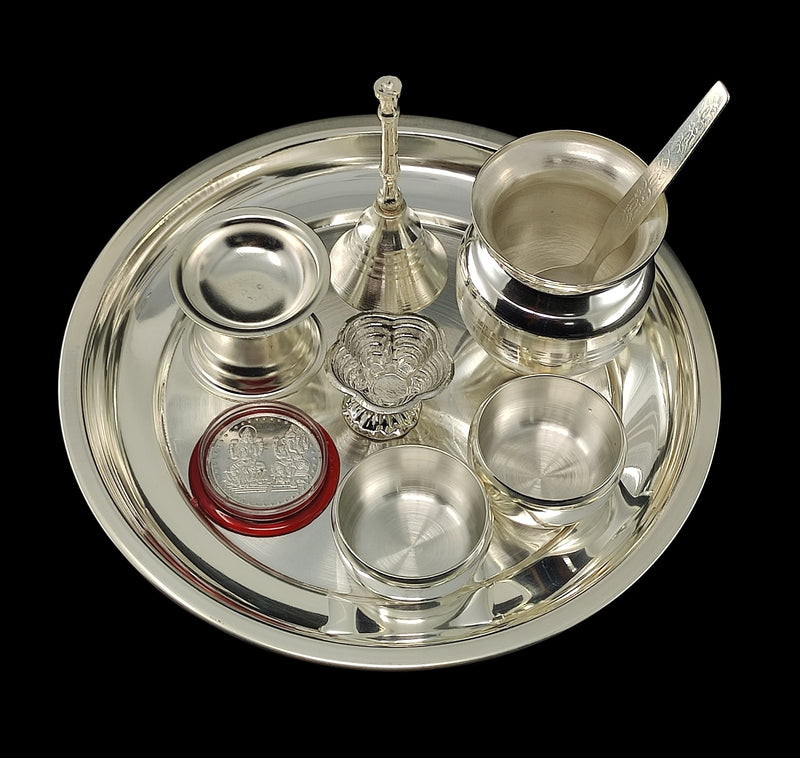 Bengalen Silver Plated Pooja Thali Set 7 Inch with Coin and Accessories Puja Decorative for Home Mandir Office Wedding Return Gift Items