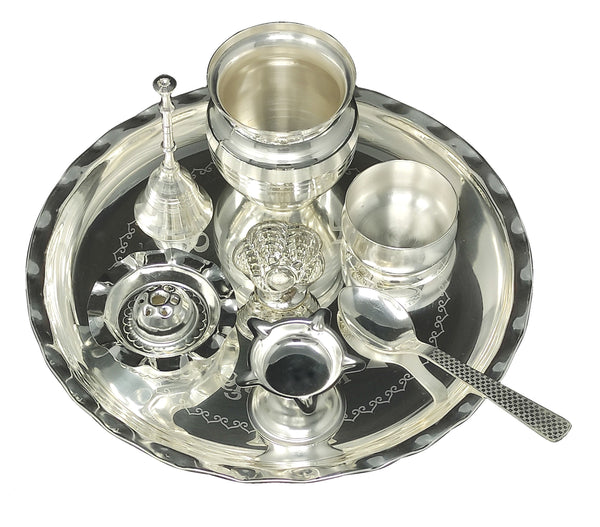Bengalen Silver Plated Glossy Pooja thali Set 8 Inch for Mandir Temple Festival Ethnic Puja Thali Gift for Diwali, Home, Office, Wedding Gift