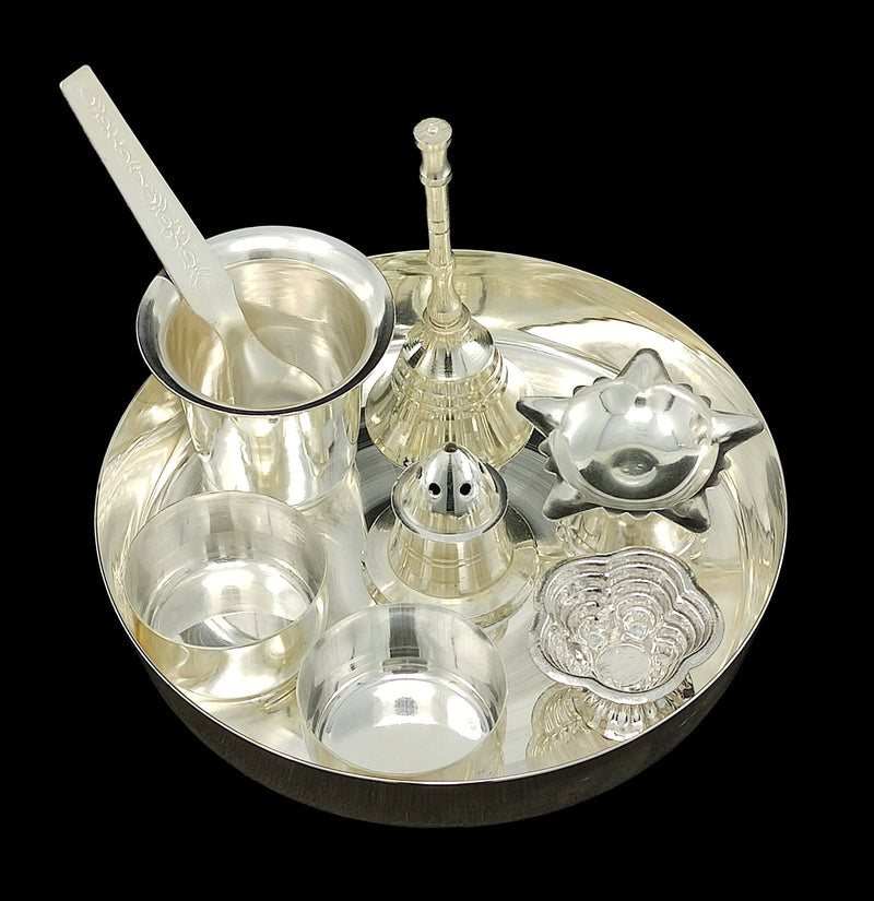 BENGALEN Silver Plated Pooja Thali Set 5 Inch Daily Puja Decorative for Home Office Wedding Return Gift Items