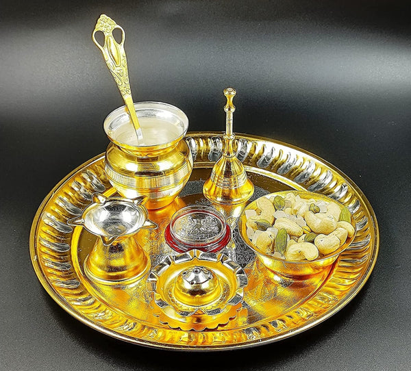 Bengalen Premium Ganesh Lakshmi Design Gold and Silver Plated Puja Thali Set 08 Inch with Coin