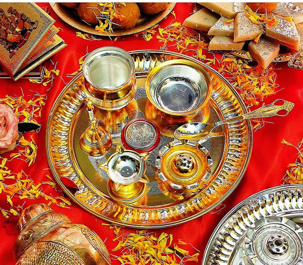 Bengalen Gold and Silver Plated Puja Thali Set 08 Inch with Coin Pooja Thali Items for Diwali, Home, Temple, Office, Wedding Return Gift