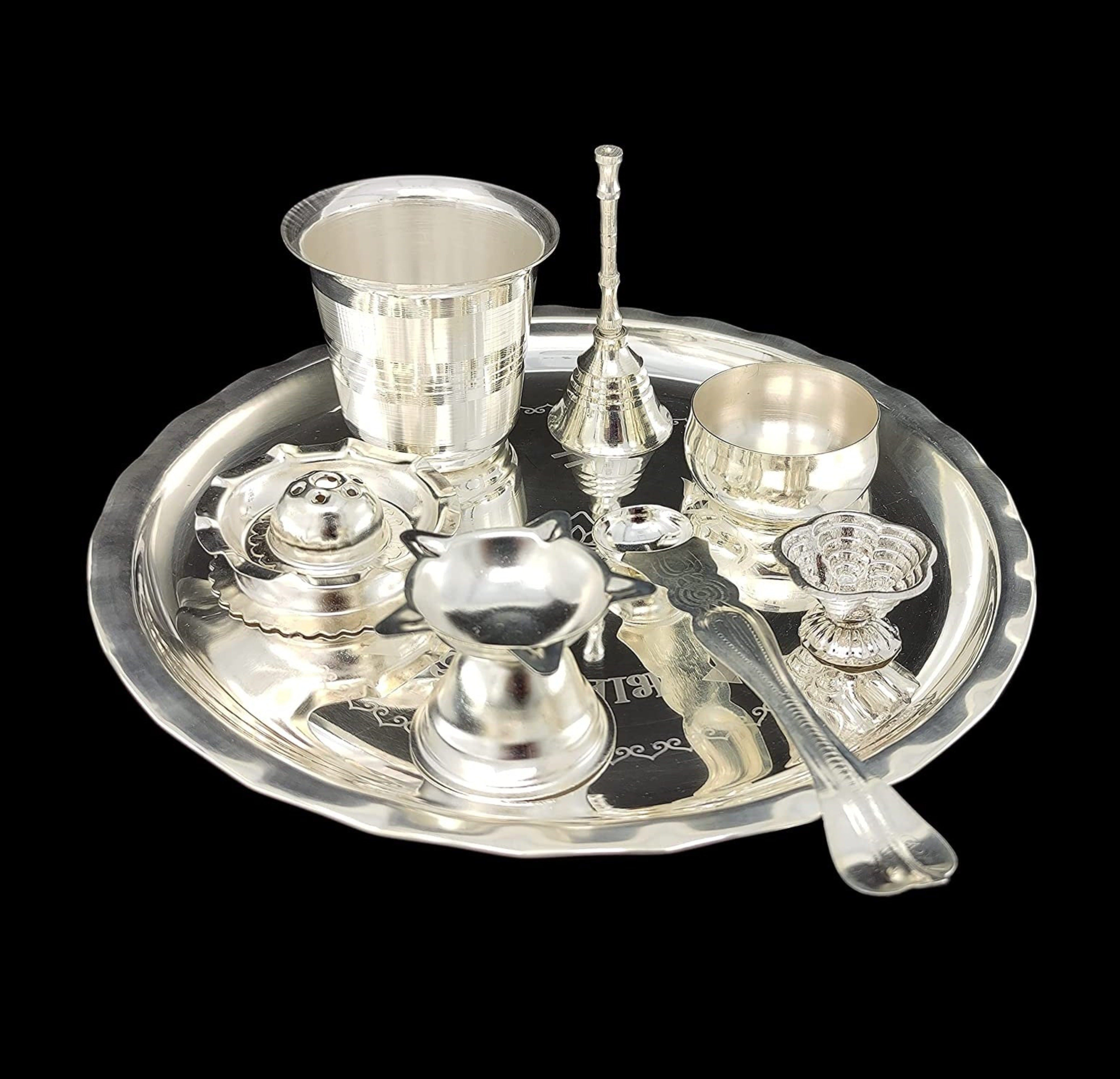 BENGALEN Silver Plated Pooja thali Set 8 Inch Daily Puja Thali for Diwali Home Mandir Office Wedding Return Festive Gift Items