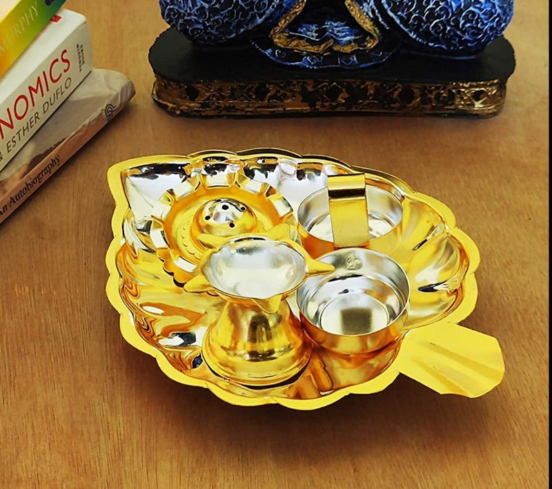 Bengalen Silver & Gold Plated Leaf Shaped Pooja thali Set For Festival Ethnic Puja Thali Gift