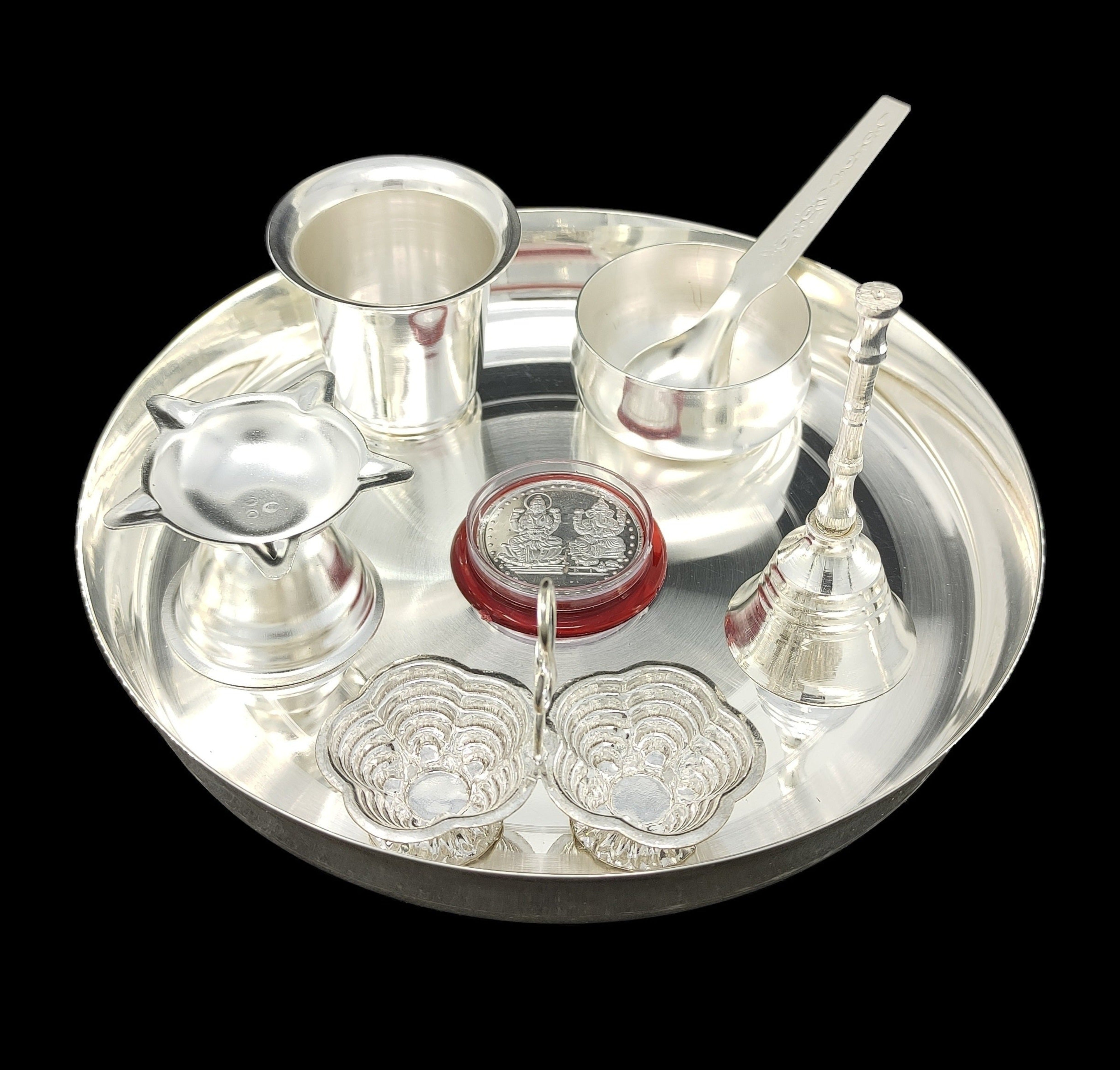 BENGALEN Silver Plated Pooja thali Set 7 Inch Plate Kumkum Holder Diya Glass Ganesh Lakshmi Coin Bowl Spoon Ghanti Festival Ethnic Puja Thali Items for Diwali Daily Home Temple Office Wedding Return Gift Items