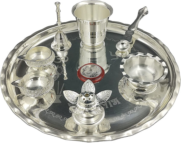 Bengalen Silver Plated Pooja Thali Set 9.5 Inch with Coin Kuber Diya Dhup Dani Bowl Spoon Glass Ghanti