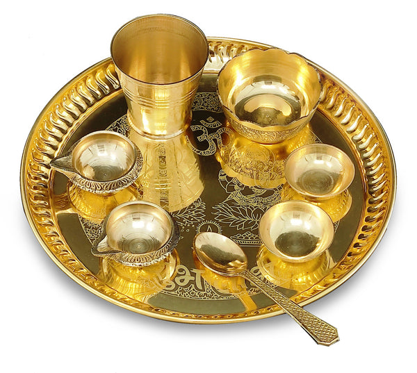Bengalen Brass Pooja thali Set 8 Inch with Pital Plate Glash Spoon Chandan Bowls Prasad Bowl Puja Arti Thali for Diwali Home Mandir Office Wedding Return Gift Items