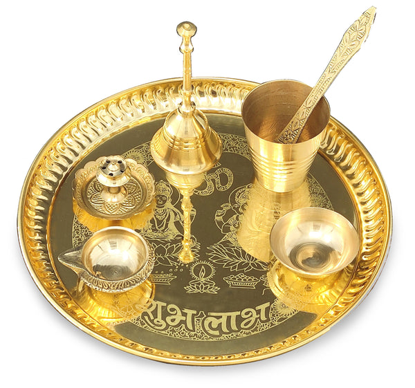 Bengalen Brass Pooja thali Set 8 Inch with Pital Plate Glass Spoon Diya Bowl Designed Dhup Dan Ghanti Daily Puja Thali for Diwali Home Mandir Office Wedding Return Gift Items