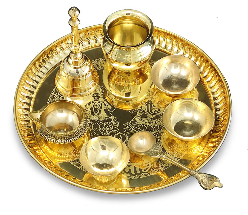 Bengalen Brass Pooja thali Set 8 Inch with Pital Plate Bowl Kalash Spoon Ghanti Chandan Wati Daily Puja Thali for Diwali Home Mandir Office Wedding Return Gift Items