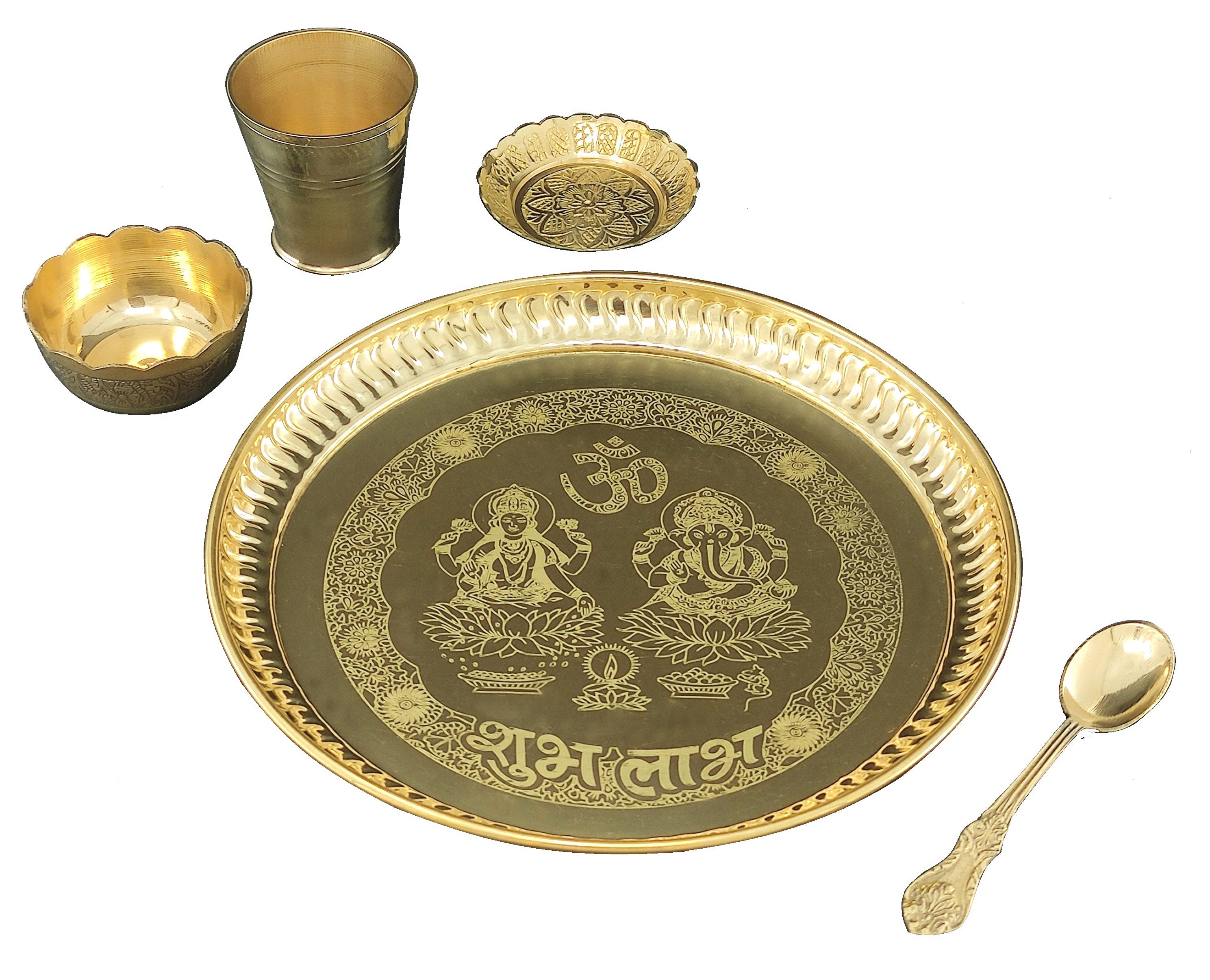 Bengalen Brass Ganesh Lakshmi Bhog thali Pooja Set 8 Inch with Pital Plate Glass Spoon Prasad Bowls Puja Thali for Diwali Home Mandir Office Wedding Return Gift Items