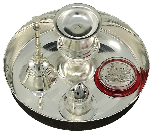 Bengalen Silver Plated Pooja Thali Set 5 Inch with Coin and Accessories Puja Decorative for Home Office Wedding Return Gift Items