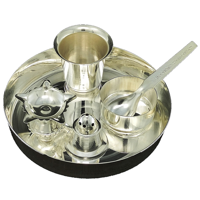 BENGALEN Silver Plated Pooja Thali Set 5 Inch Plate Diya Glass Agarbatti Stand Bowl Spoon Occasional Puja Decorative for Home Mandir Office Wedding Return Gift Items