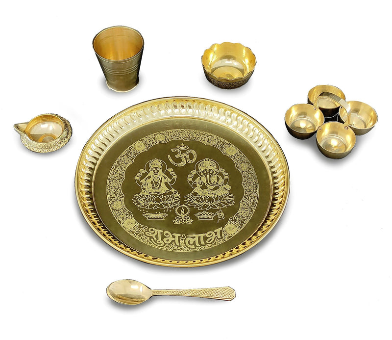 Bengalen Brass Pooja thali Set 8 Inch with Pital Plate Glash Spoon Diya Bowl Dhup Dan Haldi Kumkum Holder Puja Arti Thali for Diwali Home Mandir Office Wedding Return Gift Items