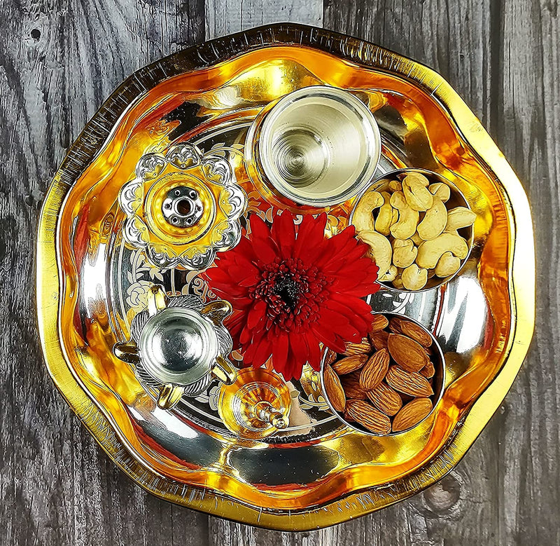 Bengalen Gold and Silver Plated Pooja thali Set Designed Puja Thali Items for Diwali, Home, Mandir, Office, Wedding Return Gift