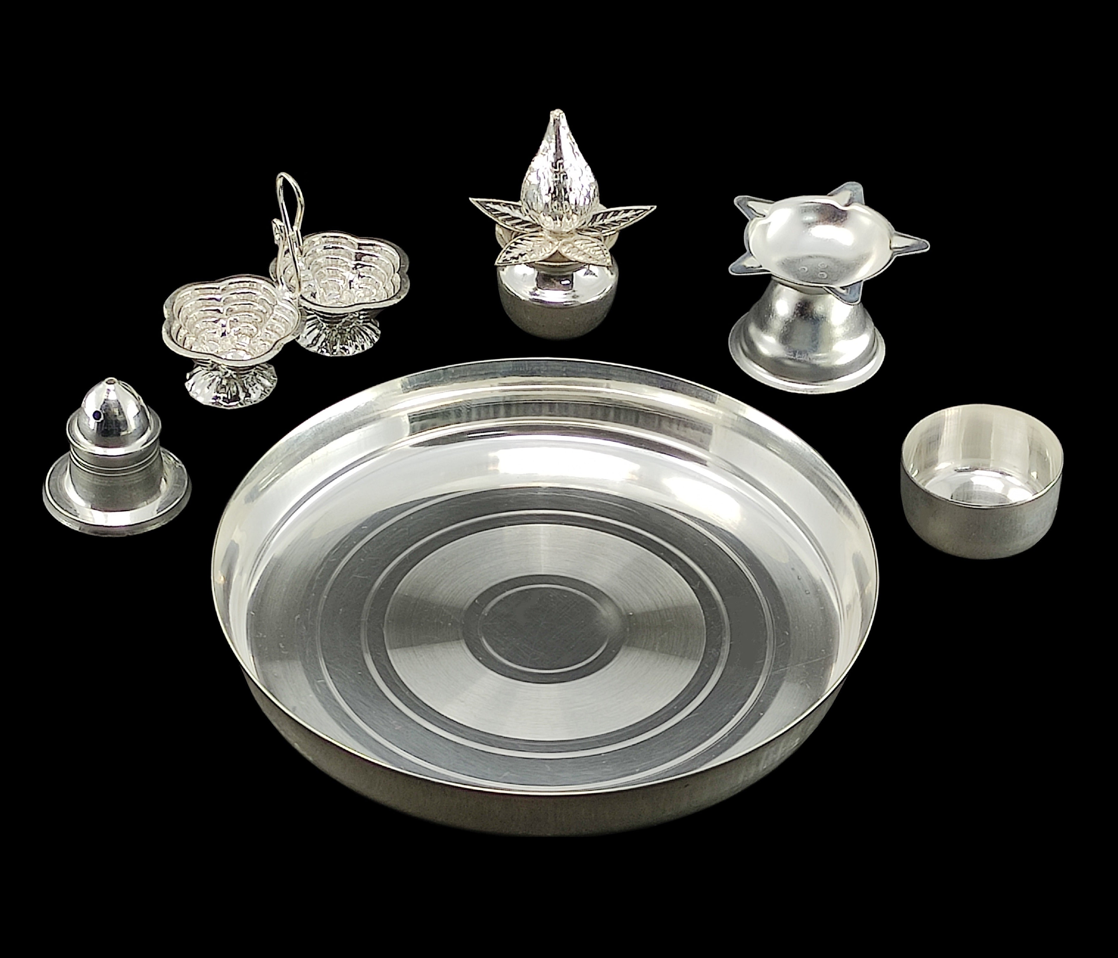 Bengalen Silver Plated Pooja Thali Set 6 Inch with Accessories Puja Decorative Items for Home Mandir Office Wedding Return Gift