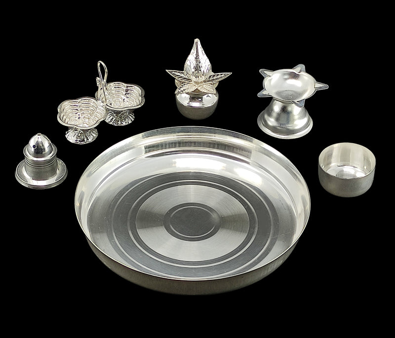 Bengalen Silver Plated Pooja Thali Set 6 Inch with Accessories Puja Decorative Items for Home Mandir Office Wedding Return Gift