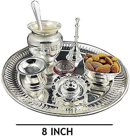Bengalen Silver Plated Puja Thali Set 08 Inch with Coin Pooja Thali Items for Diwali, Home, Temple, Office, Wedding Return Gift