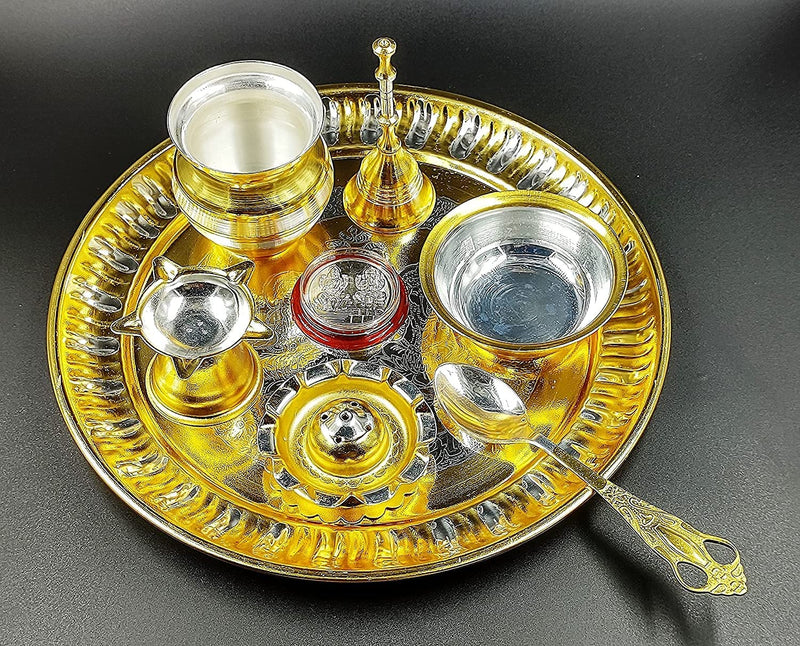 Bengalen Premium Ganesh Lakshmi Design Gold and Silver Plated Puja Thali Set 08 Inch with Coin