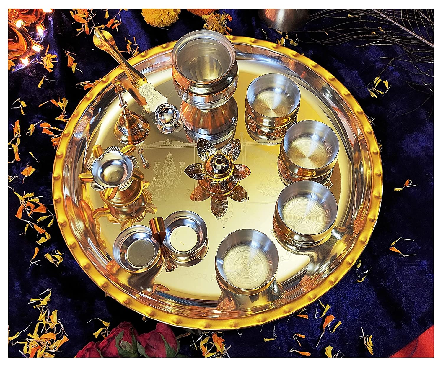 Bengalen Gold & Silver Plated Puja thali Set 12 Inch for Festival Ethnic Pooja Thali Items for Home, Temple, Office, Wedding Return Gift