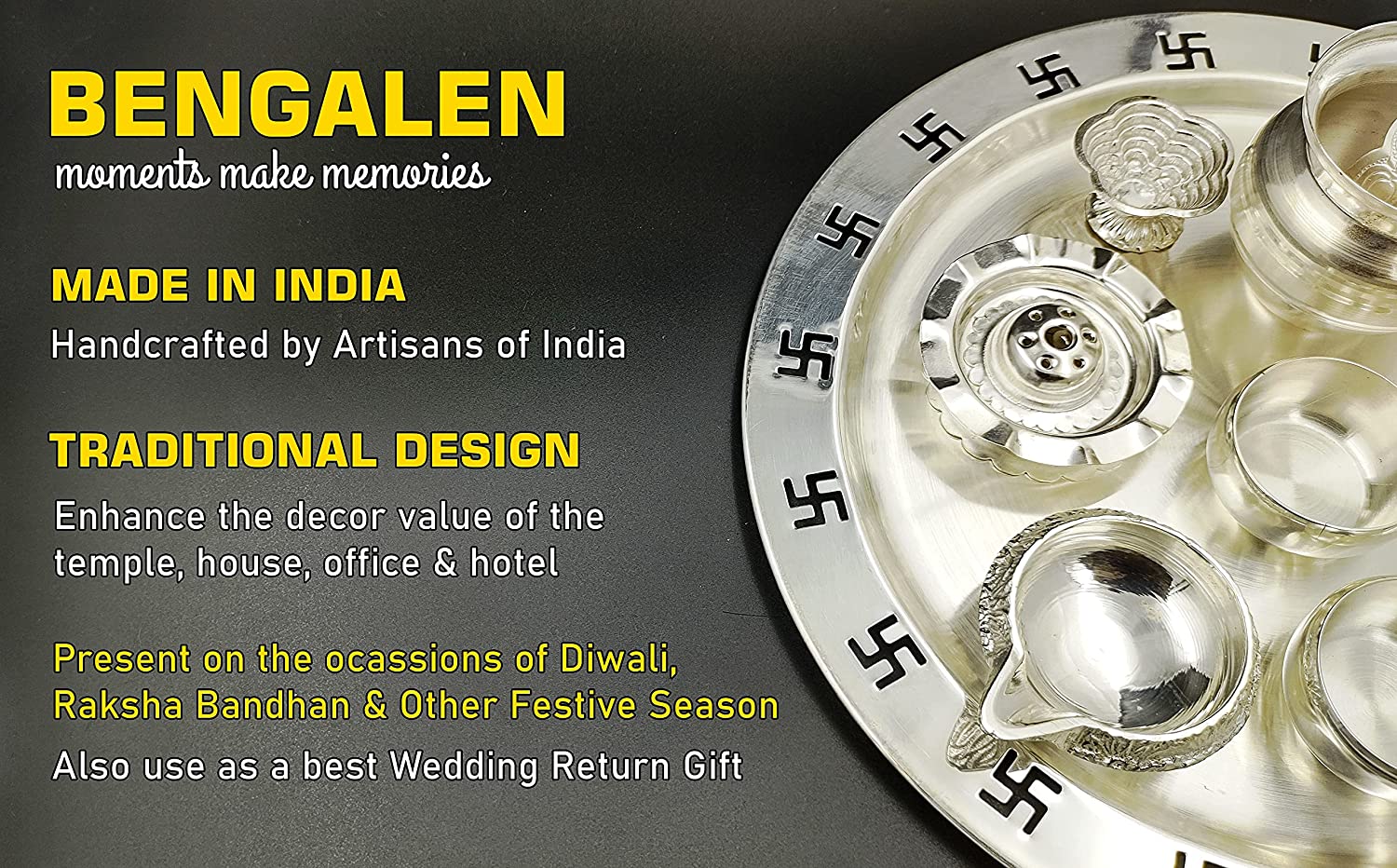 Bengalen Silver Plated Swastik Design Puja Thali Set Festival Ethnic Pooja Items for Home Temple Office Wedding Return Gift Items