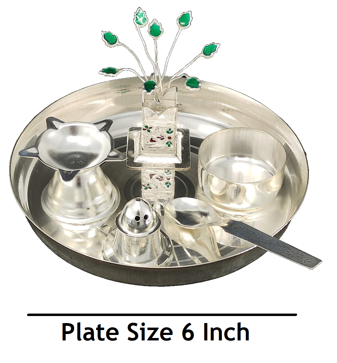 BENGALEN Silver Plated Pooja Thali Set 6 Inch with Plate Agarbatti Stand Tulsi Idol Bowl Spoon Diya Puja Decorative Items for Home Mandir Office Wedding Return Gift Items