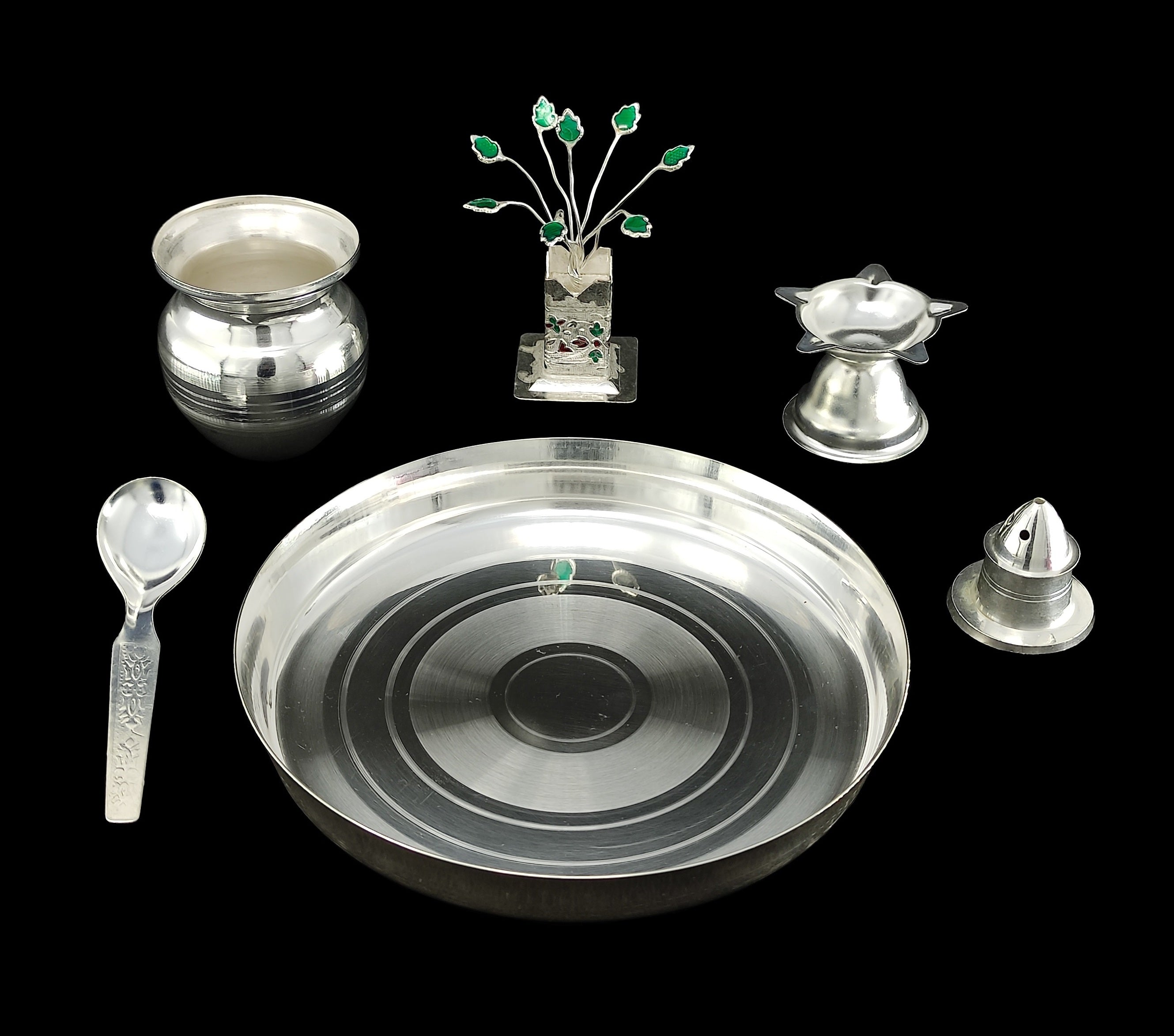 BENGALEN Silver Plated Pooja Thali Set 6 Inch Plate Agarbatti Stand Kalash Spoon Tulsi Idol Diya Premium Puja Decorative Items for Home Mandir Office Wedding Return Gift Items