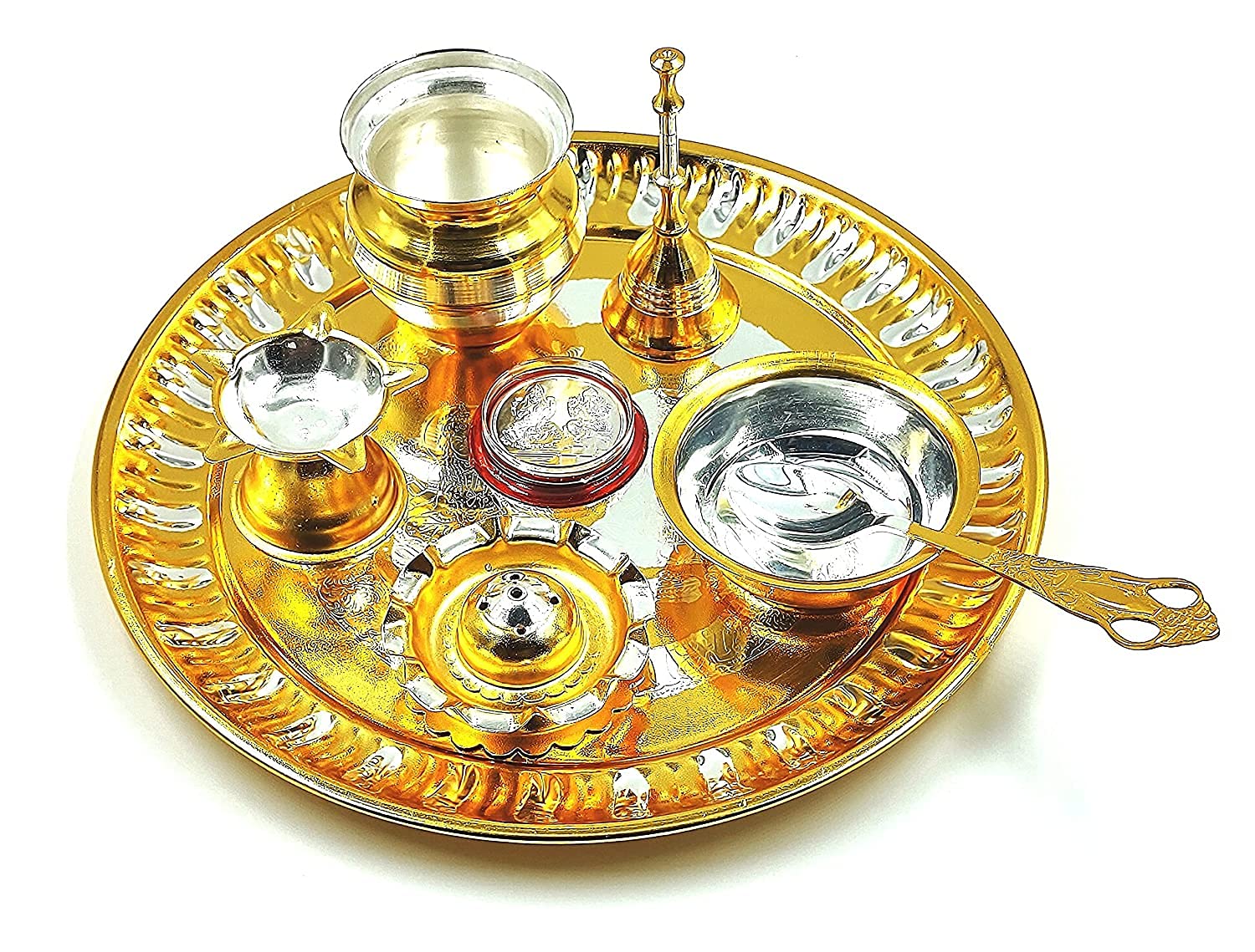 Bengalen Gold and Silver Plated Puja Thali Set 08 Inch with Coin Pooja Thali Items for Diwali, Home, Temple, Office, Wedding Return Gift