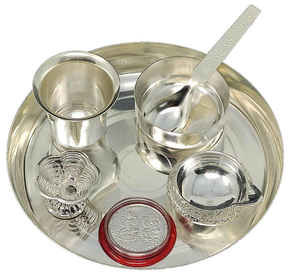 BENGALEN Silver Plated Pooja Thali Set 6 Inch with Kuber Diya Coin and Accessories Puja Decorative Items for Home Mandir Office Wedding Return Gift