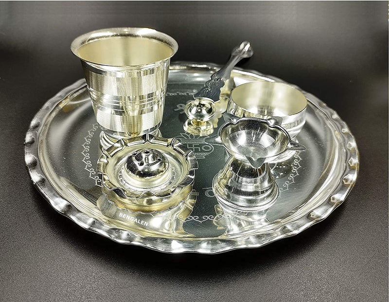 Bengalen Subh Labh Silver Plated Pooja thali Set 8 Inch for Mandir Temple Festival Puja Thali for Home, Office, Wedding Return Gift