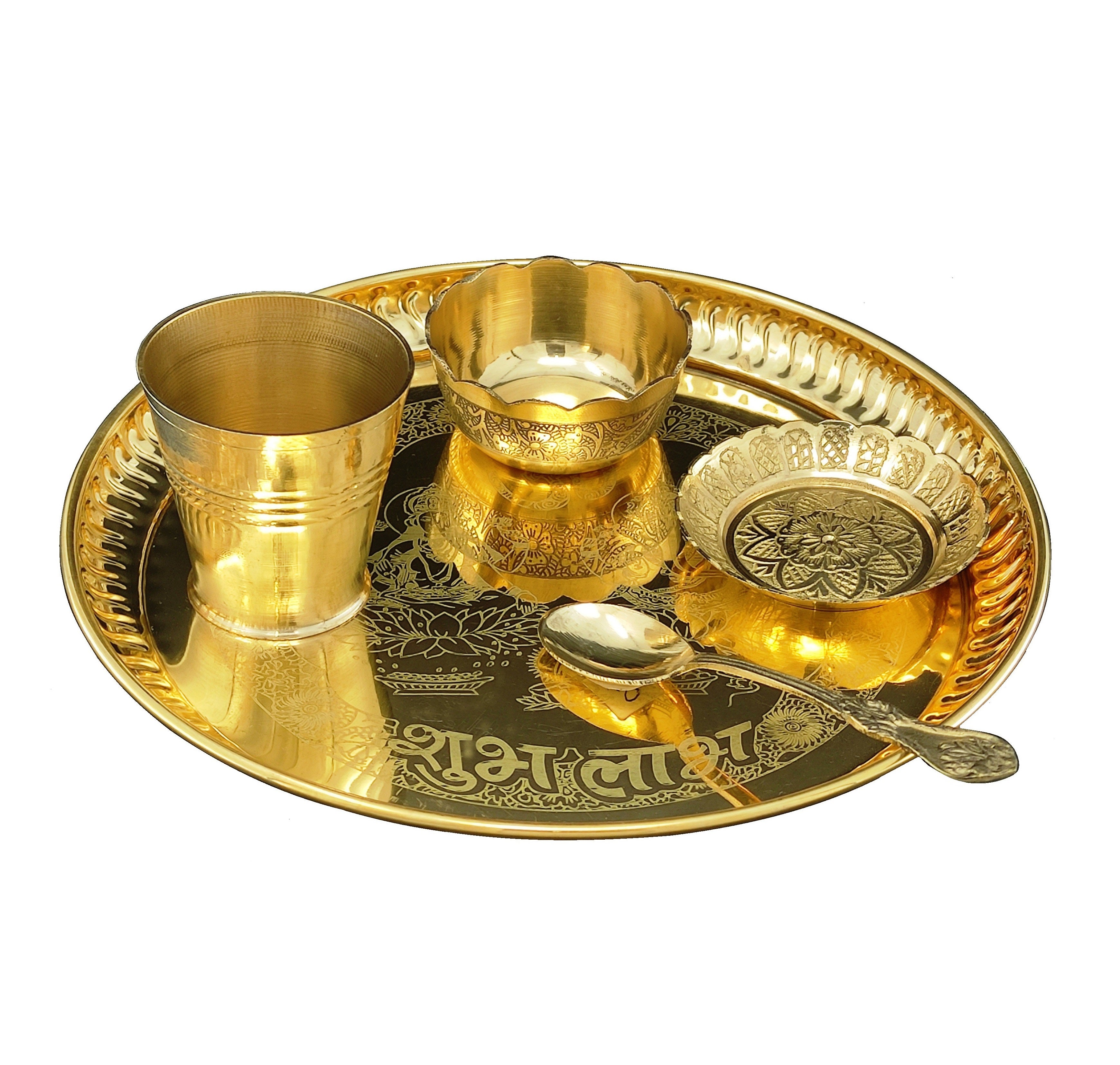 Bengalen Brass Ganesh Lakshmi Bhog thali Pooja Set 8 Inch with Pital Plate Glass Spoon Prasad Bowls Puja Thali for Diwali Home Mandir Office Wedding Return Gift Items