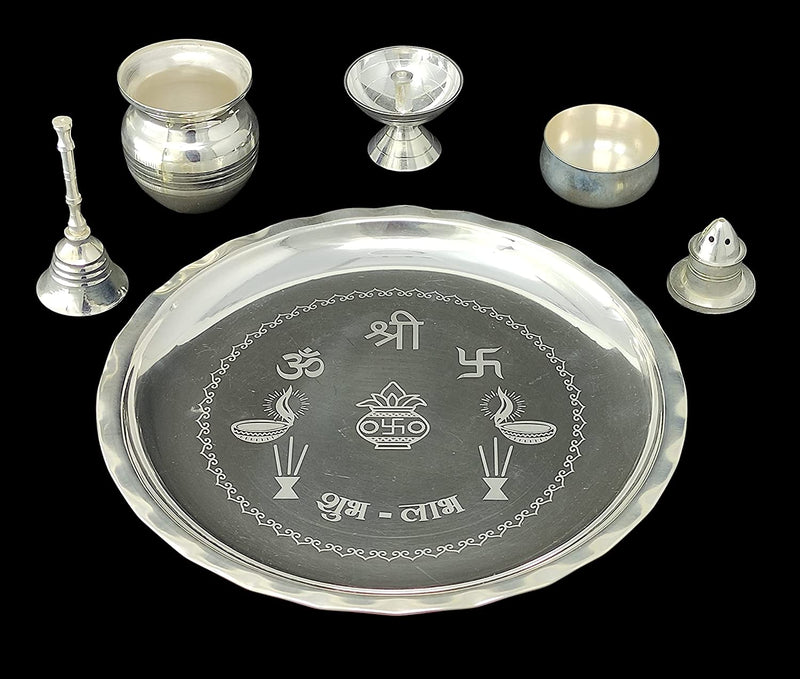 BENGALEN Silver Plated Pooja thali Set 7 Inch Plate Glash Spoon Diya Kumkum Stand Bowl Agarbatti Stand Daily Puja Thali for Diwali, Home, Temple, Office, Wedding Return Gift Items