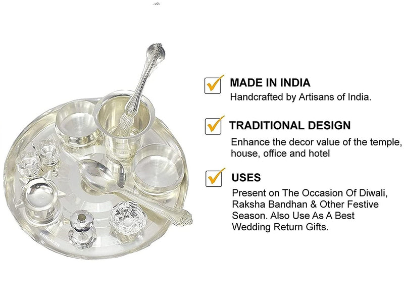 Bengalen Silver Plated Pooja thali Set 08 Inch Festival Ethnic Puja Thali Gift for Diwali, Home, Temple, Office, Wedding Gift