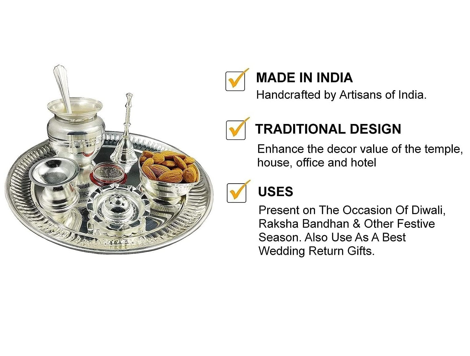 Bengalen Silver Plated Puja Thali Set 08 Inch with Coin Pooja Thali Items for Diwali, Home, Temple, Office, Wedding Return Gift