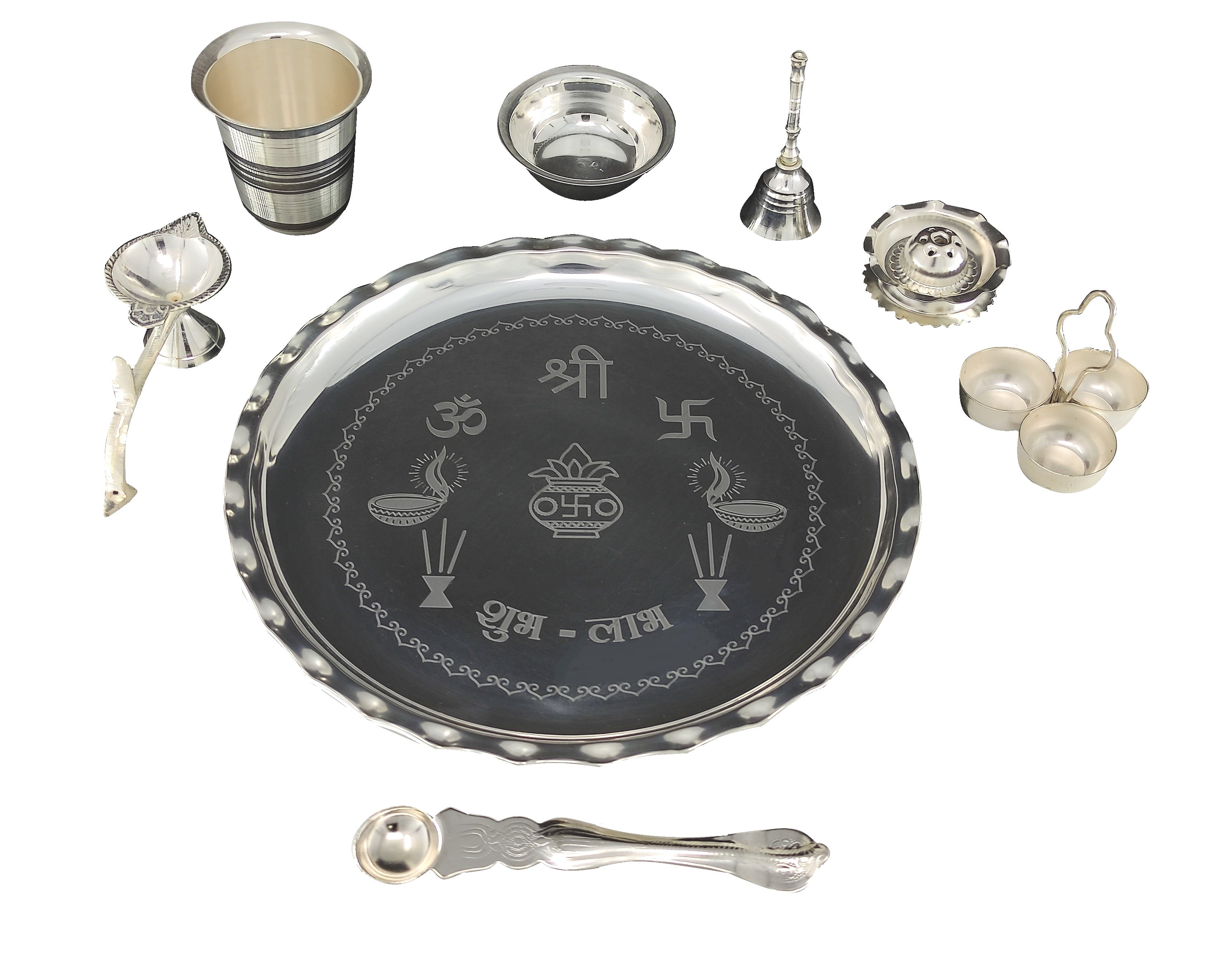 Bengalen Silver Plated Pooja thali Set 9.5 Inch with Plate Glass Palli Arti Diya Kumkum Holder Bowl Dhup Dan Ghanti Puja Thali for Diwali Home Mandir Office Wedding Return Gift Items