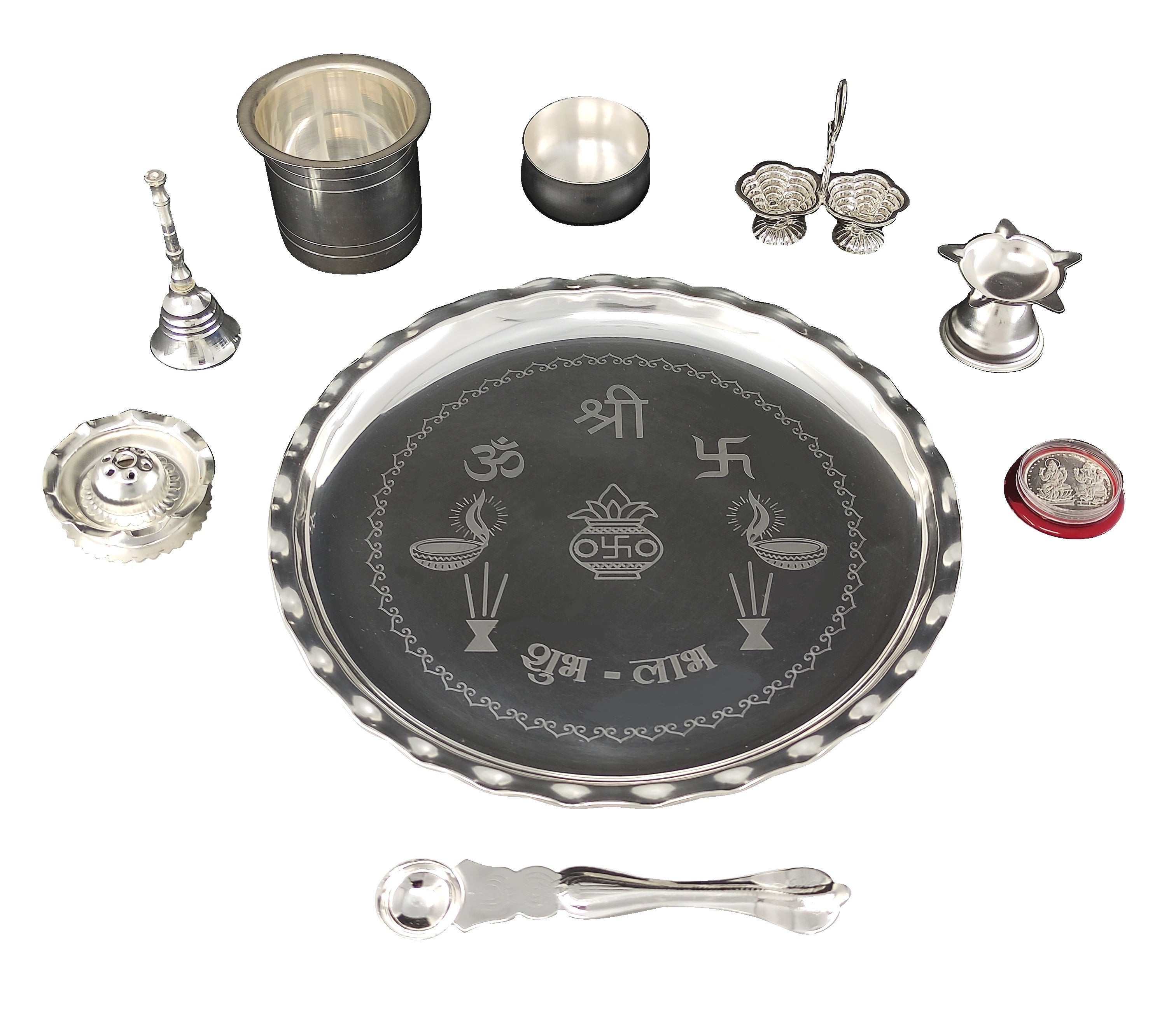 Bengalen Silver Plated Pooja thali Set 9.5 Inch with Plate Diya Haldi Kumkum Stand Panchapatra Palli Bowl Dhup Dan Ghanti Puja Thali for Home Mandir Office Diwali Wedding Return Gift Items