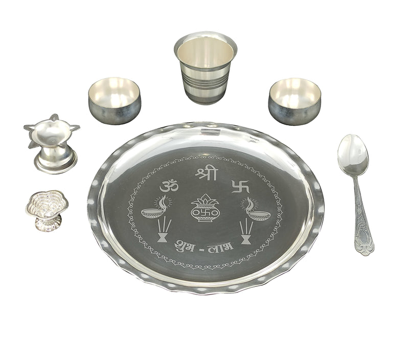 BENGALEN Silver Plated Pooja thali Set 8 Inch with Plate Bowl Glass Diya Spoon Kumkum Holder Puja Thali for Diwali Home Mandir Office Wedding Return Gift Items