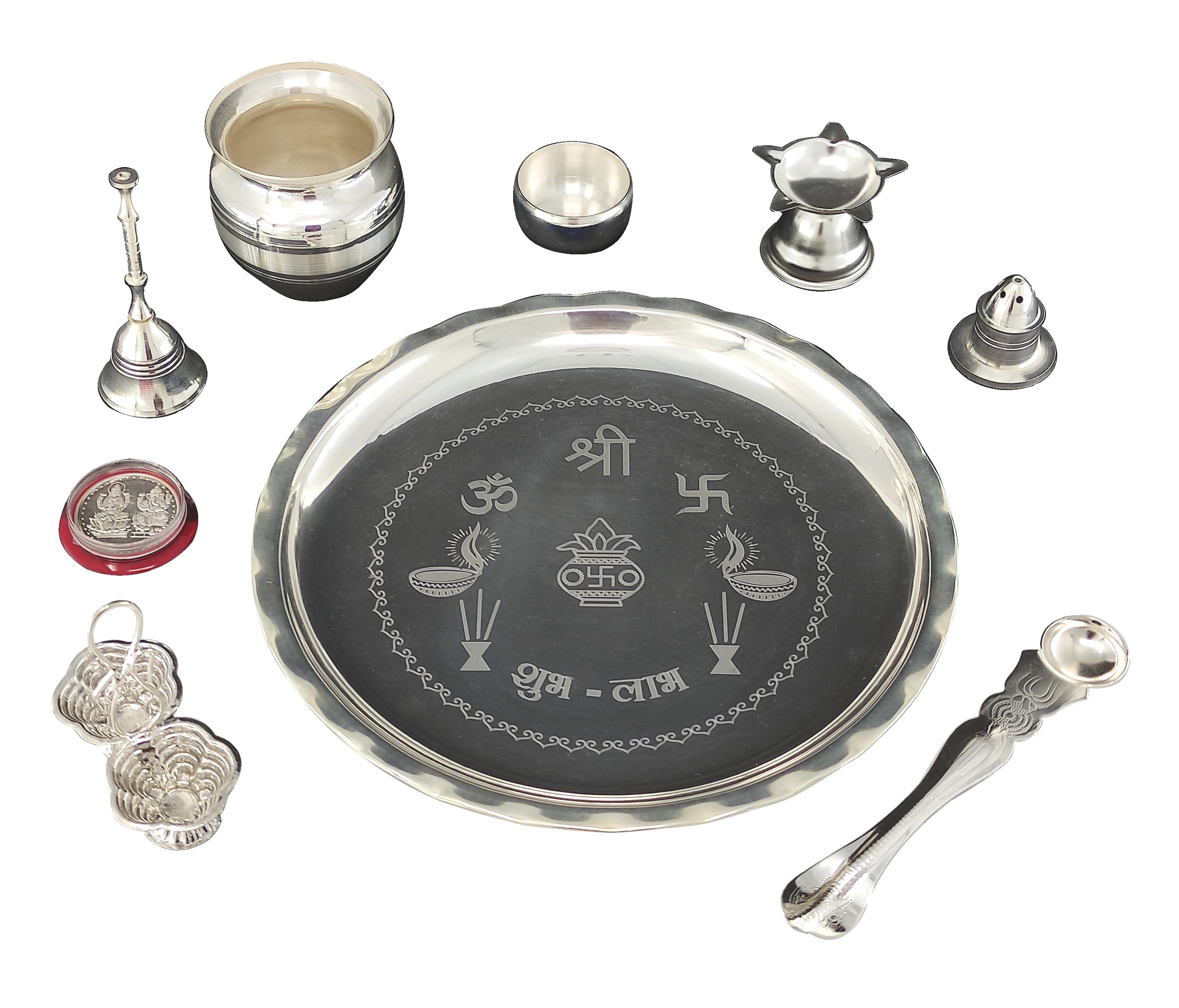 Bengalen Silver Plated Pooja thali Set 8 Inch with Plate Ghanti Bowl Spoon Coin Dhup Dan Diya Kumkum Stand Puja Thali for Home Mandir Office Wedding Return Diwali Gift Items